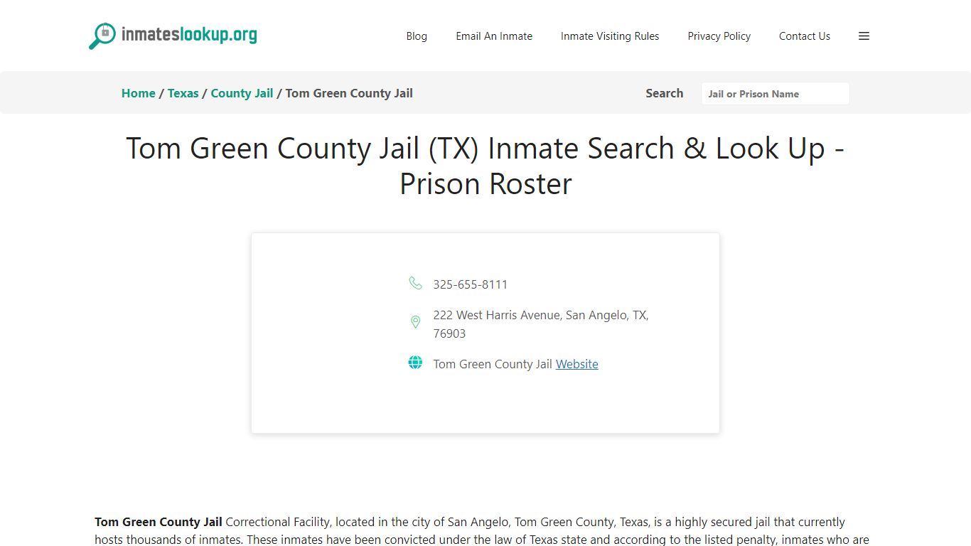 Tom Green County Jail (TX) Inmate Search & Look Up - Prison Roster